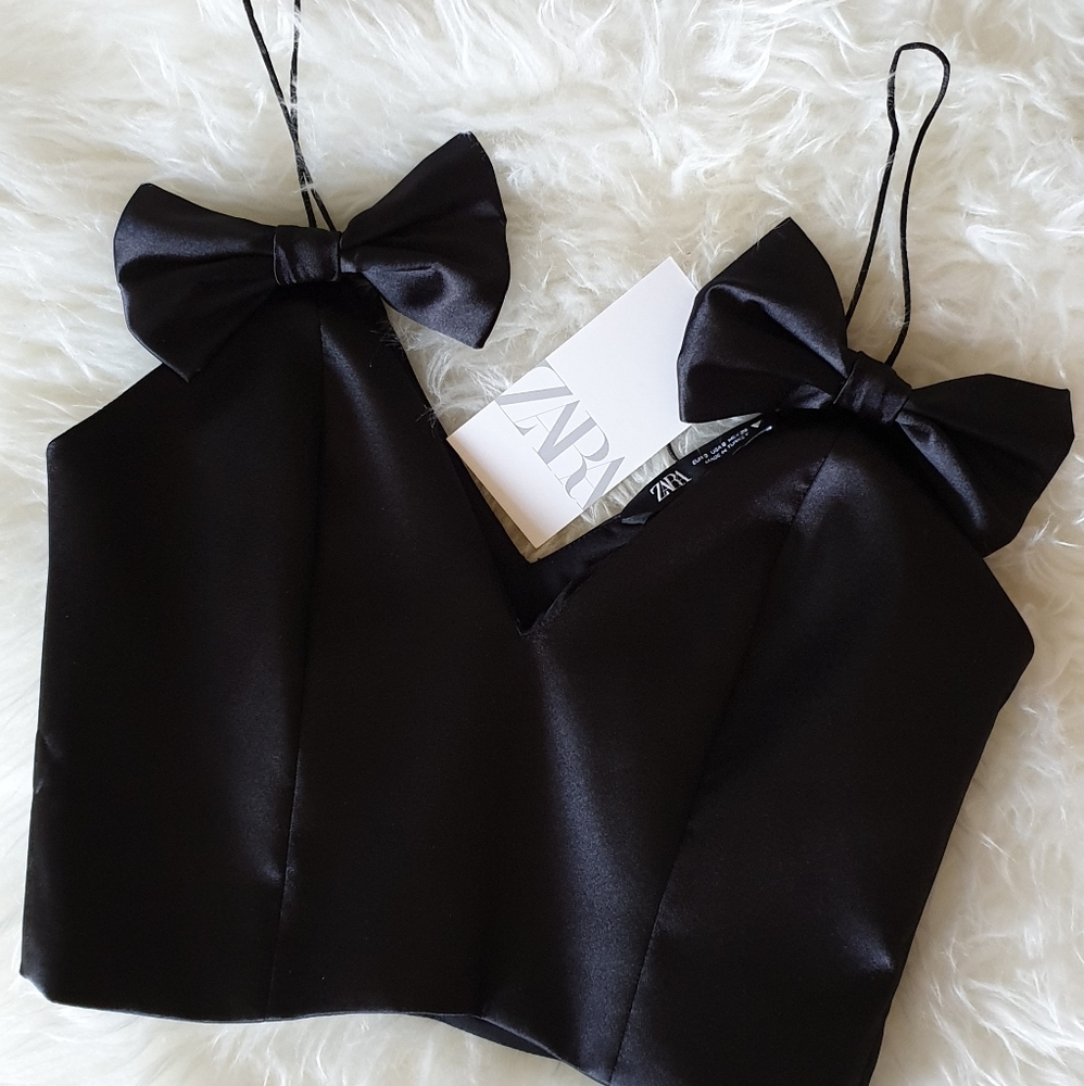 ❤ ZARA Satin effect top with bow
